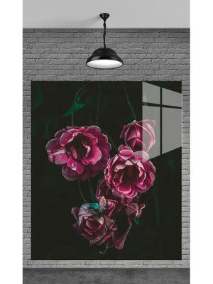 Marsilyan Muhteşem Pembe Gül Çiçekler Temperli Cam Üzerine Tablo Sevgilinize Yılbaşı Hediye