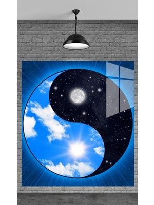 Marsilyan Mavi Ying Yang Sembolü Temperli Cam Üzerine Tablo