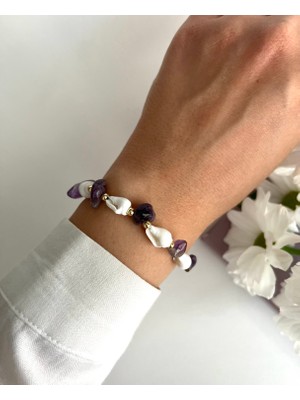 Fynbos Marine Gerçek Ametist Taşlı & Deniz Kabuklu Gold Bileklik