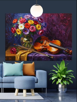 Tablo Mega Çiçekli Vazo ve Keman Natürmort Dekoratif Kanvas - Mdf Ahşap Tablo