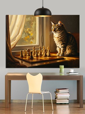 Tablo Mega Kedi Satranç Oynuyor Dekoratif Kanvas - Mdf Ahşap Tablo