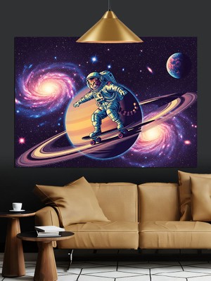 Tablo Mega Uzayda Kaykaya Binen Astronot Kedi Dekoratif Kanvas - Mdf Ahşap Tablo