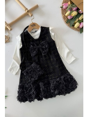 Miniğimin Cicileri Eteği Gül Detaylı Çantalı Kız Çocuk tüvit elbise - Siyah