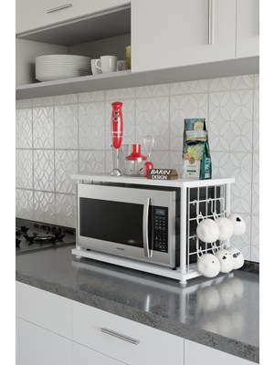 Barin Design Çevir Kur Beyaz Demir Metal Askılı | Mutfak Tezgah Üstü Mikro Dalga Rafı | Çok Amaçlı Organizer Raf