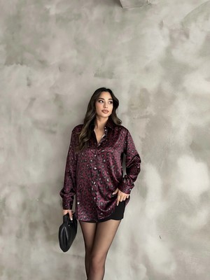 Pophlin Bordo Leopar Saten Oversize Gömlek