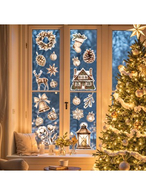 Renkli Yılbaşı Temalı Karlı Şehir ve Noel Baba Figürleri Cam Duvar Sticker Seti