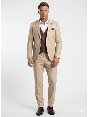Plus Scorpion Erkek Çizgili Takım Elbise 3’lü Set – Ceket + Yelek + Pantolon – Slim Fit Italyan Tarz