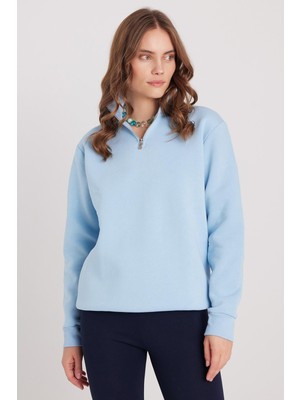 Tudors Kadın Relax Fit Rahat Kesim Pamuklu Içi Polarlı Yarım Fermuarlı Mavi Dik Yaka Sweatshirt