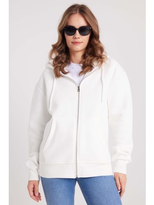 Tudors Kadın Relax Fit Rahat Kesim Pamuklu Içi Polarlı Çift Cepli Fermuarlı Beyaz Kapüşonlu Sweatshirt