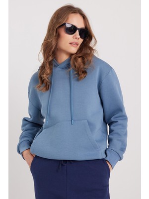 Tudors Kadın Oversize Geniş Kesim Pamuklu Yumuşak Dokulu Içi Polarlı Basic Indigo Kapüşonlu Sweatshirt