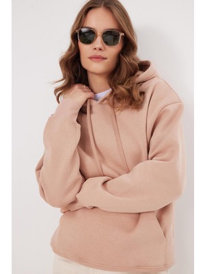 Tudors Kadın Oversize Geniş Kesim Pamuklu Yumuşak Dokulu Içi Polarlı Basic Vizon Kapüşonlu Sweatshirt