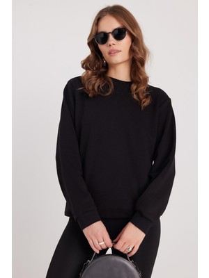 Tudors Kadın Oversize Geniş Kesim Pamuklu Basic Siyah Bisiklet Yaka Sweatshirt