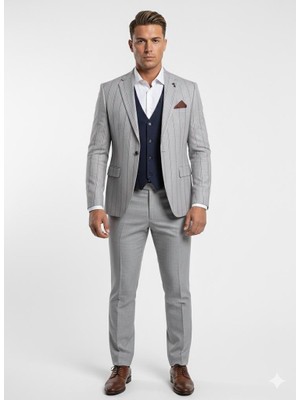 Plus Scorpion Erkek Çizgili Takım Elbise 3’lü Set – Ceket + Yelek + Pantolon – Slim Fit Italyan Tarz