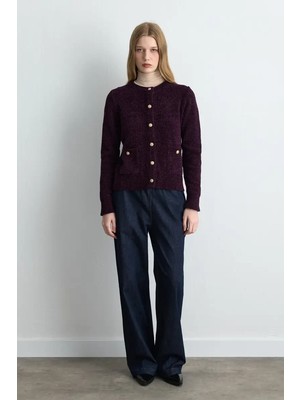 Gusto Kadife Dokulu Triko Ceket - Mürdüm