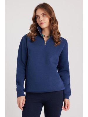 Tudors Kadın Relax Fit Rahat Kesim Pamuklu Içi Polarlı Yarım Fermuarlı Lacivert Dik Yaka Sweatshirt