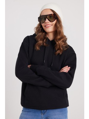 Tudors Kadın Oversize Geniş Kesim Pamuklu Yumuşak Dokulu Içi Polarlı Basic Siyah Kapüşonlu Sweatshirt