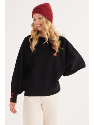 Tudors Kadın Regular Fit Klasik Kesim %100 Pamuk Baskılı Bisiklet Yaka Siyah Sweatshirt