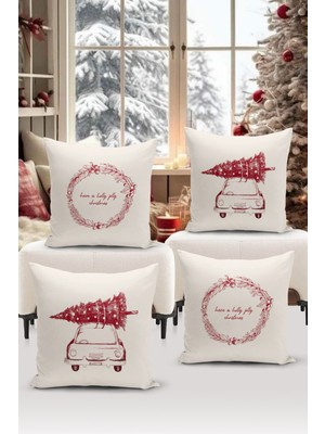 Yılbaşı Temalı Çift Taraflı Dijital Baskılı 4'lü Kırlent Kılıfı Seti