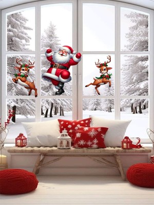 Dans Eden Noel Baba ve Geyikler Yılbaşı Süsü, 50X50 Cm, Kırmızı