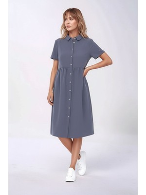 Mamayaga Kadın Gömlek Yaka Önden Düğmeli Yarım Kol Büyük Beden Curve Hamile Günlük Elbise