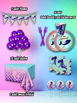 16 Kişilik Denizkızı Temalı Mini Set - Doğum Günü Parti ve Eğlenceli Etkinlikler Için