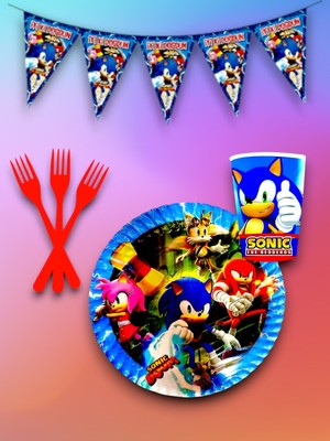24 Kişilik Sonic Temalı Tek Kullanımlık Servis Seti ve Flama