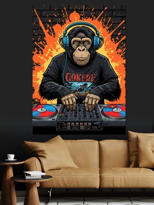 Tablomega Kulaklıklı Dj Maymun Neon Sanat Dekoratif Kanvas - Mdf Ahşap Tablo
