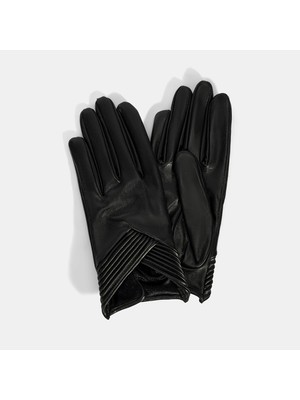 Desa Kadın Siyah Lastik Detaylı Deri Eldiven