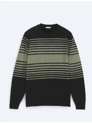 Kip Siyah Bisiklet Yaka Desenli Pamuk Karışımlı Triko Kazak