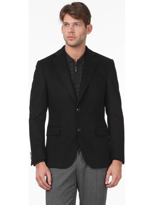 Kip Siyah Düz Modern Fit Yün Karışımlı Ceket