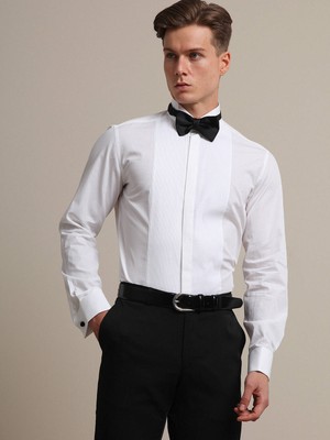 Kip Beyaz Düz Slim Fit Duble Manşet Ata Yaka Smokin Gömlek