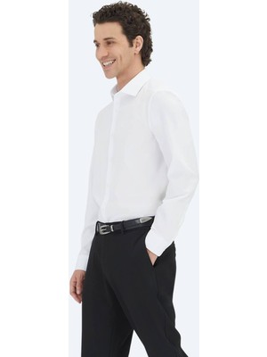 Kip Beyaz Düz Regular Fit Dokuma Klasik Pamuk Karışımlı Gömlek