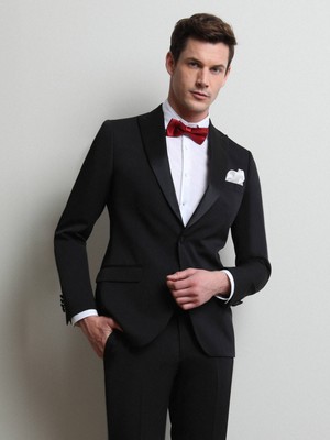 Kip Siyah Düz Slim Fit Kruvaze Yaka Dokuma Smokin Takım Elbise