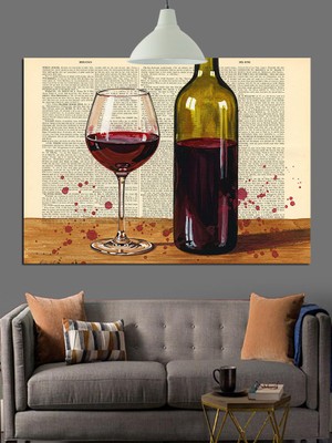 Artmeg Kırmızı Şarap ve Kitap Sayfaları Dekoratif Kanvas - Mdf Ahşap Tablo