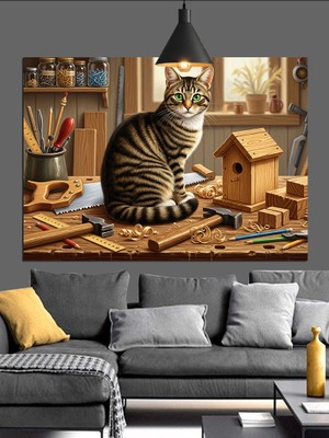 Artmeg Marangoz Kedi Dekoratif Kanvas - Mdf Ahşap Tablo