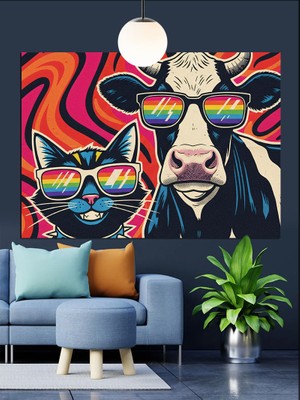 Artmeg Güneş Gözlüklü Inek ve Kedi Dekoratif Kanvas - Mdf Ahşap Tablo