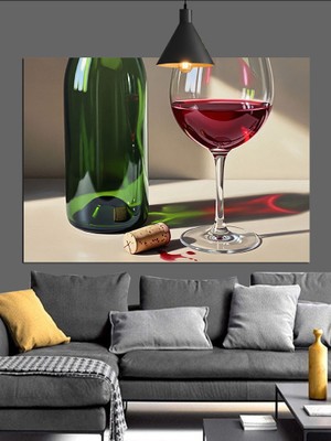 Artmeg Kırmızı Şarap Şişesi Bardak Dekoratif Kanvas - Mdf Ahşap Tablo