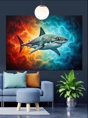 Artmeg Köpek Balığı Saldırı Anı Dekoratif Kanvas - Mdf Ahşap Tablo