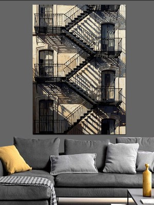 Artmeg Yangın Merdiveni Siyah Beyaz Dekoratif Kanvas - Mdf Ahşap Tablo