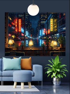 Artmeg Neon Işıklar Yağmurlu Şehir Dekoratif Kanvas - Mdf Ahşap Tablo