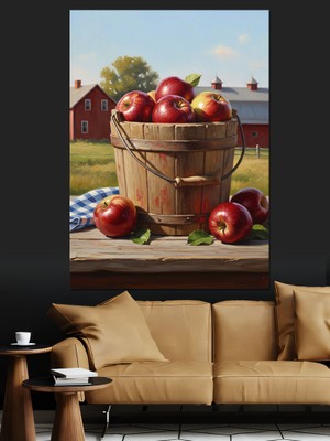 Artmeg Ahşap Fıçı Elma Meyve Dekoratif Kanvas - Mdf Ahşap Tablo