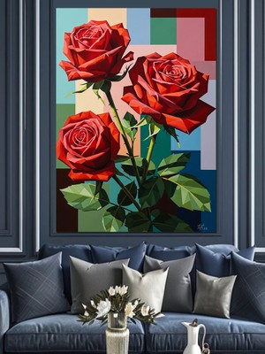 Artmeg Kırmızı Güller Çiçekler Buket Dekoratif Kanvas - Mdf Ahşap Tablo