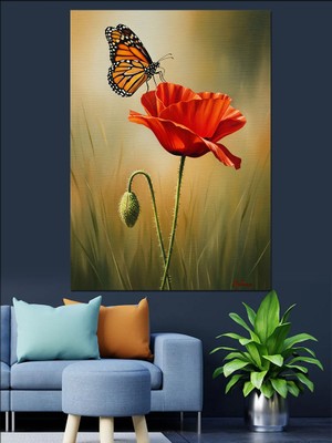 Artmeg Kelebek Kırmızı Gelincik Çiçek Dekoratif Kanvas - Mdf Ahşap Tablo