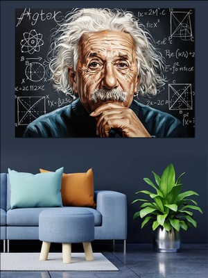 Artmeg Einstein Kara Tahta Fonlu Portresi Dekoratif Kanvas - Mdf Ahşap Tablo