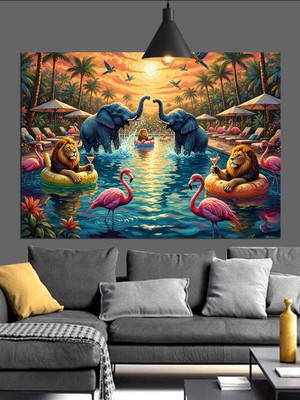 Artmeg Tropik Havuzda Yaban Hayvanlarının Eğlencesi Dekoratif Kanvas - Mdf Ahşap Tablo