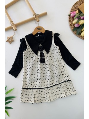 Miniğimin Cicileri Gül Detaylı Tüvit Elbise ve Badi Kız Takım - Krem