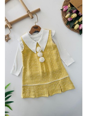 Miniğimin Cicileri Gül Detaylı Tüvit Elbise ve Badi Kız Takım - Sarı