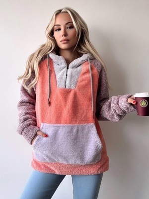 Mamayaga Kadın Çok Renkli Kanguru Cepli Kapüşonlu Spor Şık Oversize Sweatshirt