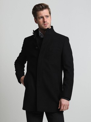 Kip Siyah Regular Fit Dik Yaka Klasik Dokuma Palto