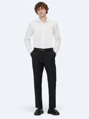 Kip Siyah Düz Dokuma Fitted Fit Klasik Yün Karışımlı Pantolon